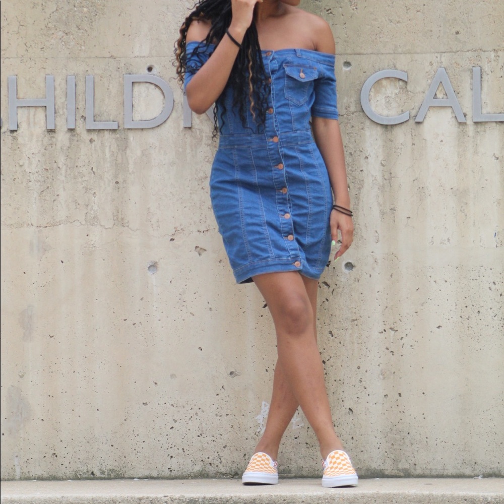 Denim Off The Shoulder Mini Bodycon Dress